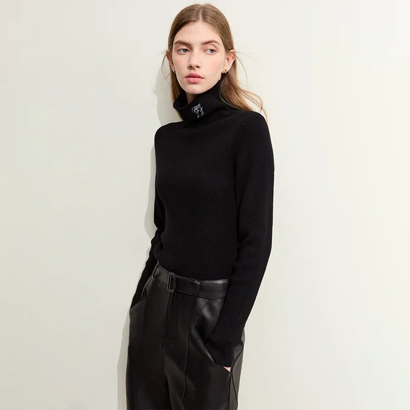 Damen-Rollkragenpullover Kaschmir-Wolle Slim Stickerei Winter