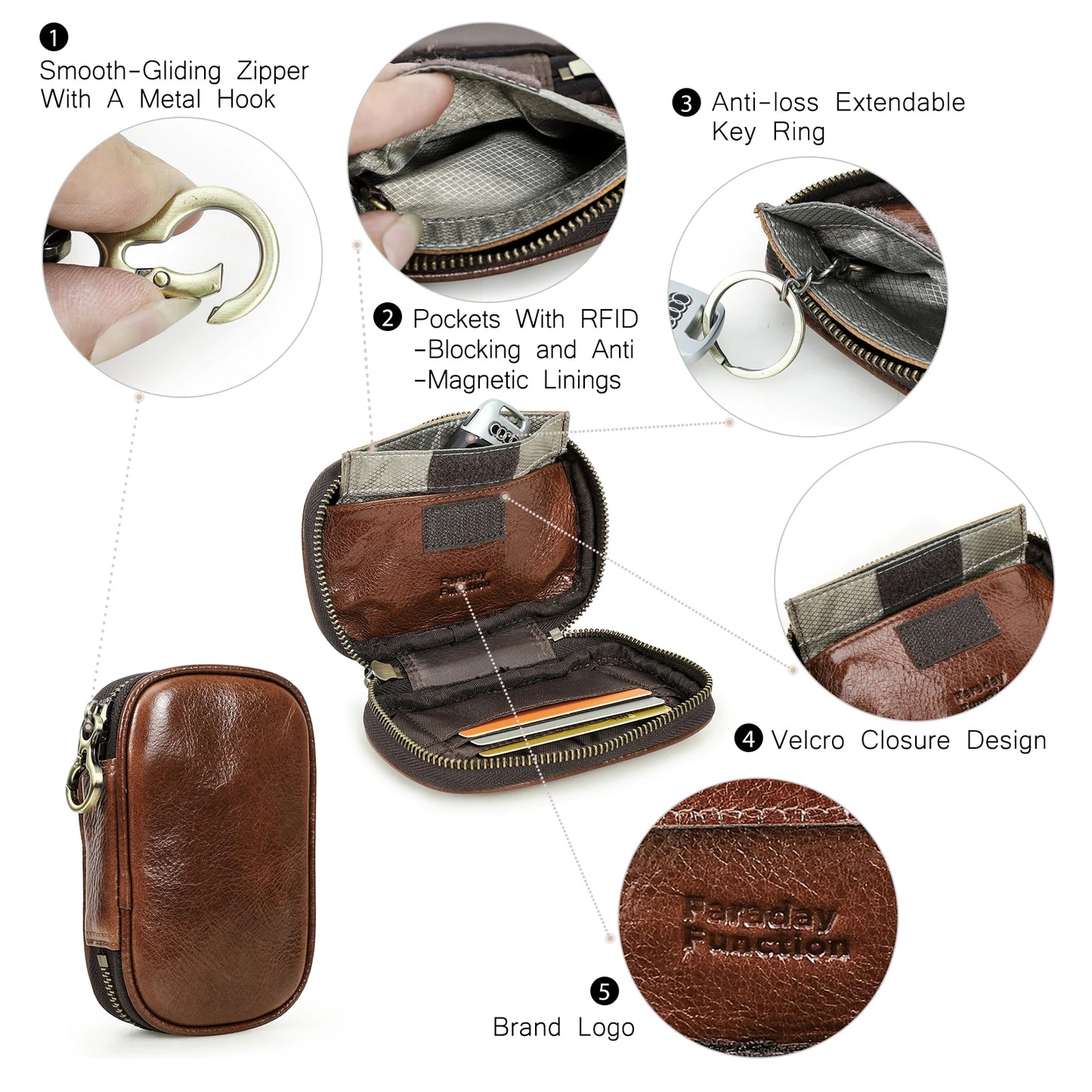 Braunes Echtleder-Autoschlüssel-Etui mit Reißverschluss, Metallhaken und Kartenfächern.