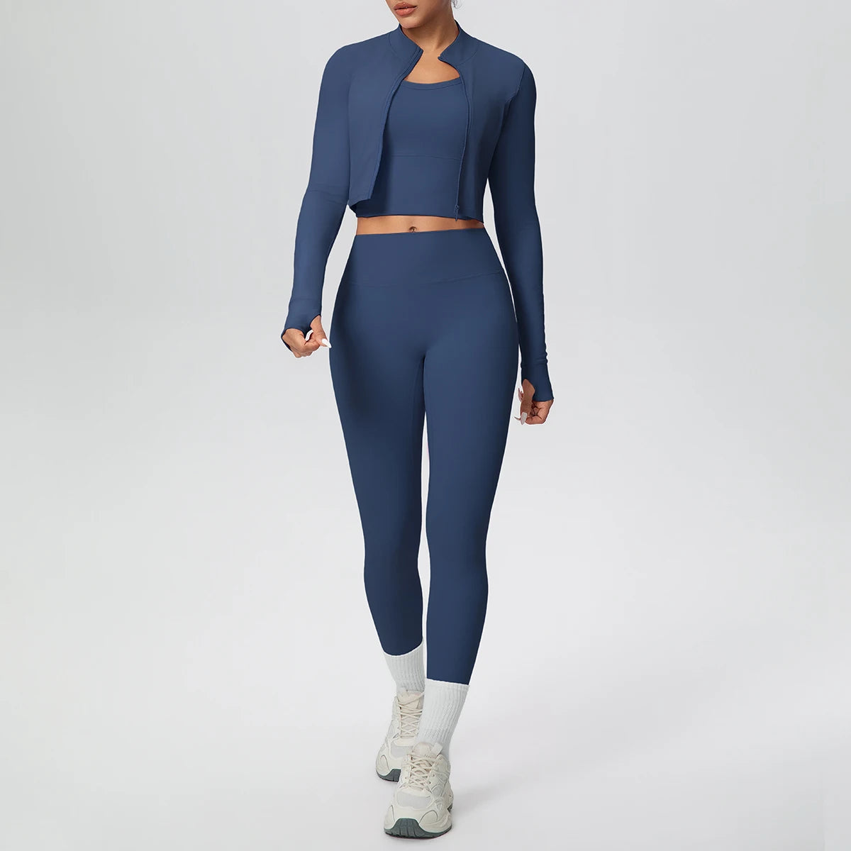 Dunkelblaues Yoga-Set mit Reißverschluss-Top und High-Waist Leggings