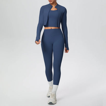 Dunkelblaues Yoga-Set mit Reißverschluss-Top und High-Waist Leggings