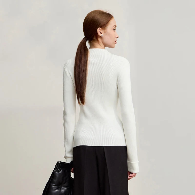 Damen-Pullover mit Stehkragen, Rippstrick, langarm, weiß, Rückansicht
