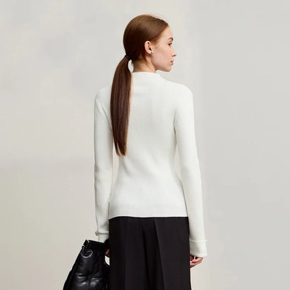 Damen-Pullover mit Stehkragen, Rippstrick, langarm, weiß, Rückansicht