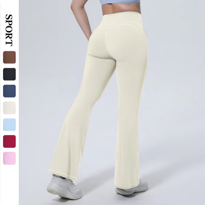 Damen-Yogahose mit hoher Taille, Schlag/Weitbein, hell cremefarben, retro Fit