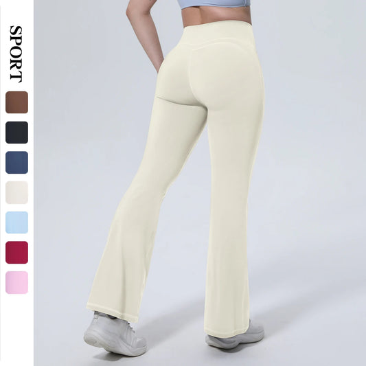 Damen-Yogahose mit hoher Taille, Schlag/Weitbein, hell cremefarben, retro Fit
