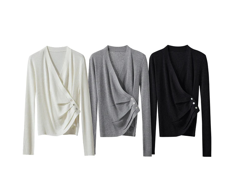 Damen V-Ausschnitt Pullover plissiert Muschelschnalle Wolle Herbst