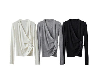 Damen V-Ausschnitt Pullover plissiert Muschelschnalle Wolle Herbst
