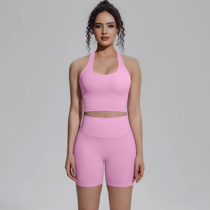 Yoga-Set für Damen: rosafarbenes Träger-Top und passende Shorts, zweiteiliges Design