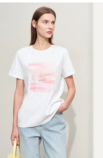 Damen T-Shirt im Minimalismus-Stil mit O-Ausschnitt und Stickerei