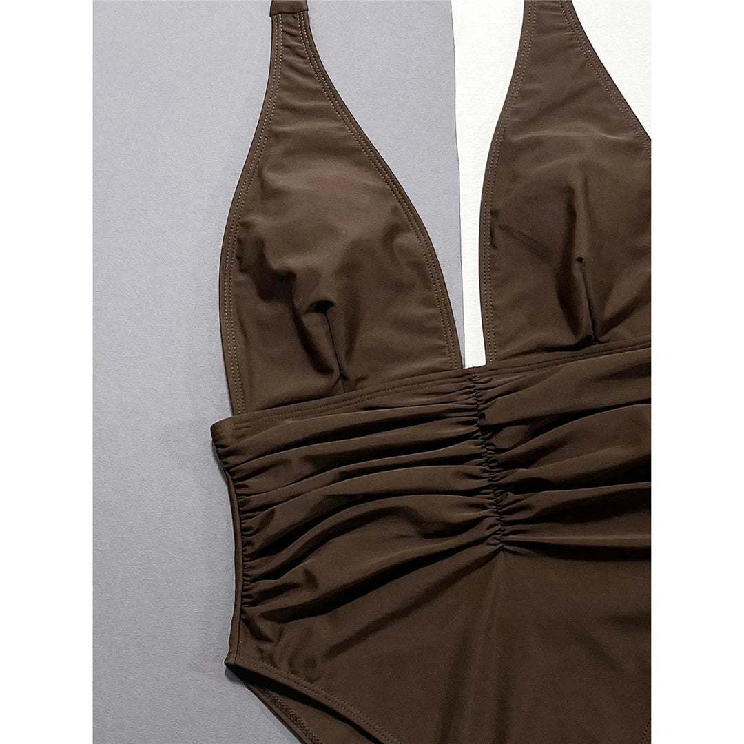 Damen Badeanzug tiefer V-Ausschnitt Neckholder gerüscht hoher Beinausschnitt Monokini