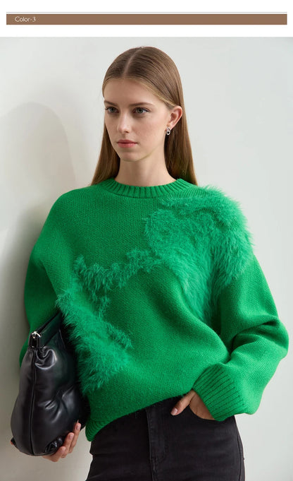 Damenpullover in Grün mit flauschigem Jacquard-Optik, Rundhalsausschnitt und langen Ärmeln
