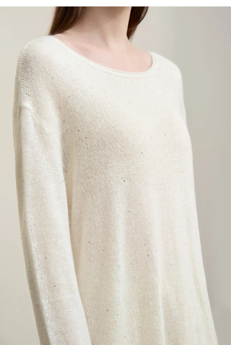 Strickpullover Damen in hellem Beige, Rundhalsausschnitt, lange Ärmel, lockere Passform