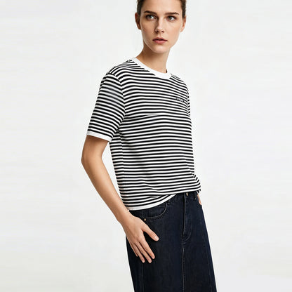 Damen-Rundhalspullover Colorblock Streifen Kurzarm locker Viskose Sommer