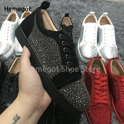 Low-Top Rhinestone Sneakers Men Spring and Autumn Luxury Brand Lace-Up Casual Shoes Red Black White Flats Leather Board Shoes
