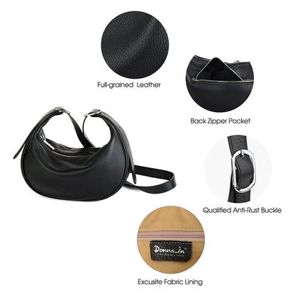 Damen Vollkornleder Hobo Tasche Schwarz | Halbmond-Crossbody