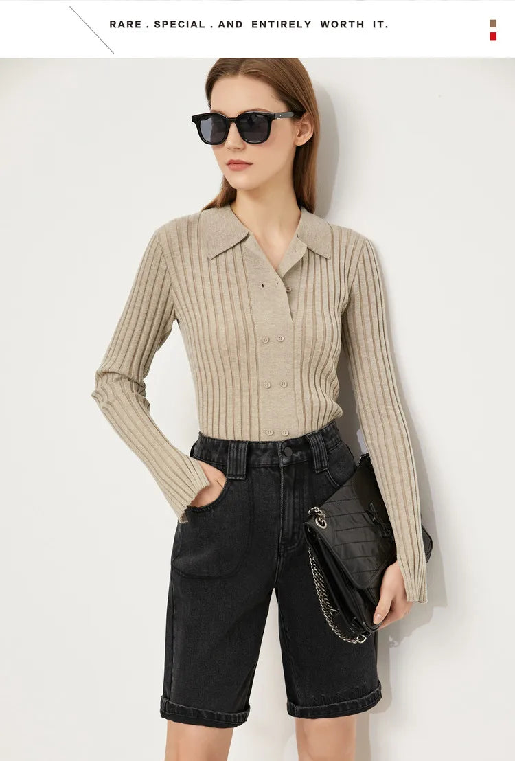 Damen-Strickjacke Polokragen Slim doppelreihig Wolle-Mix Frühling-Herbst