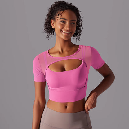 Pinkes Kurzarm-Sporttop mit Cut-out am Brustbereich, bequeme Passform