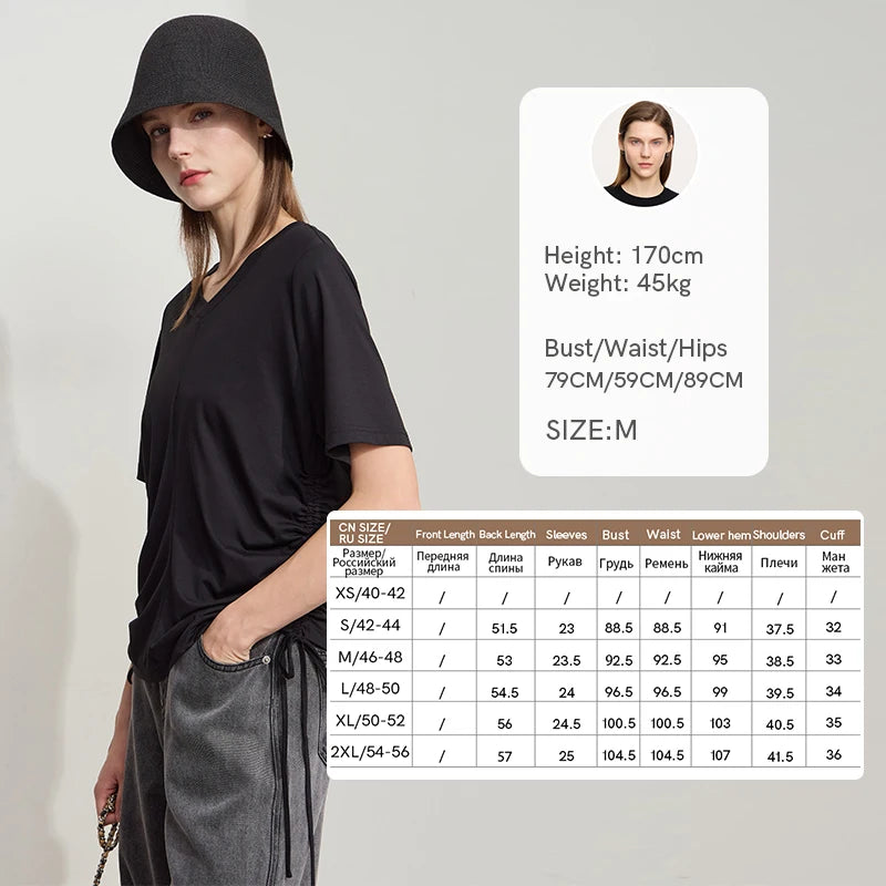 Damen T-Shirt mit solidem V-Ausschnitt und Kordelzug für den Sommer