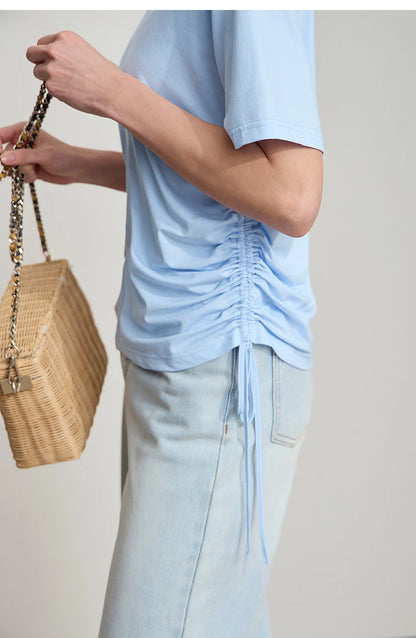 Damen T-Shirt mit solidem V-Ausschnitt und Kordelzug für den Sommer