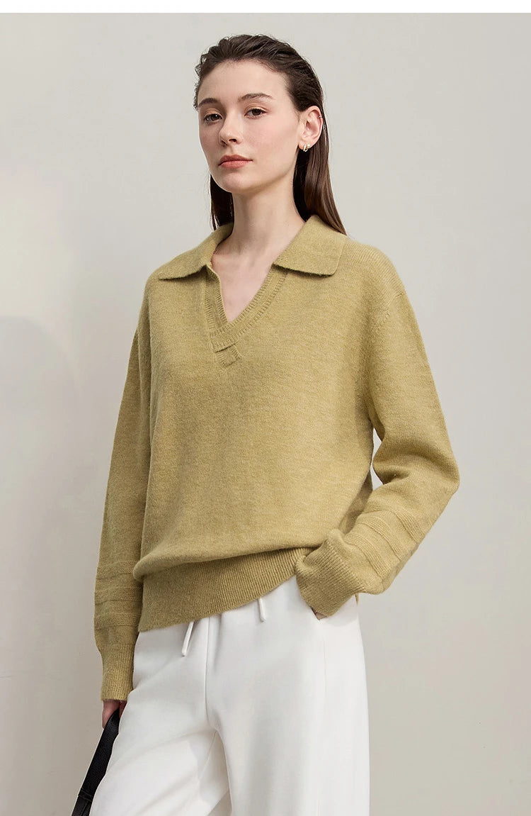 Damen V-Ausschnitt Pullover locker Raglan Wolle-Mix Pendler Herbst