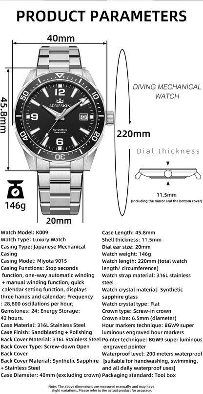 Herren-Premium-Automatikuhr 40 mm mit Japan-9015-Werk
