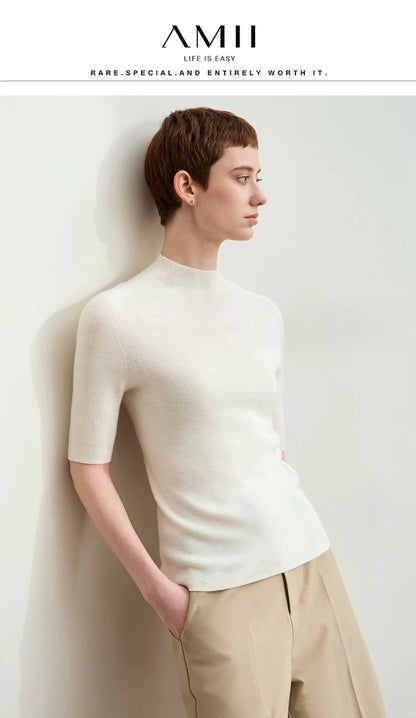 Damenpullover mit halbem Rollkragen, kurzarm, cremefarbener Feinstrick