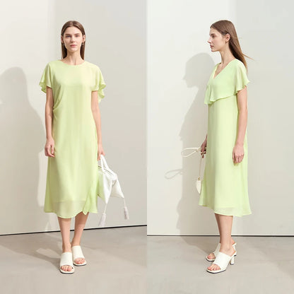 Stilvolles Chiffon Midi Kleid Damen V Ausschnitt Weicher Sommerstoff