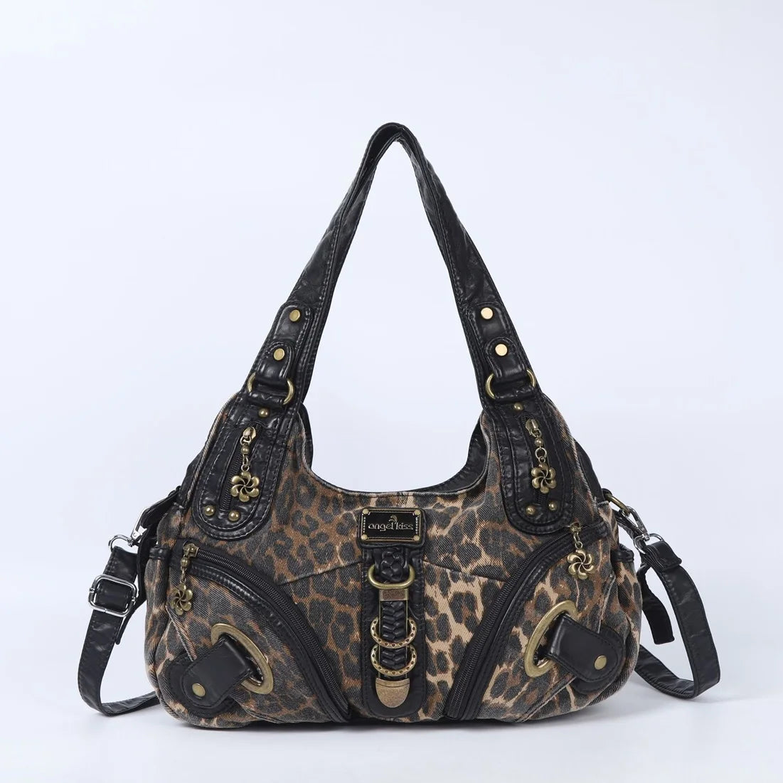 Damen-Handtasche Shopper-Tote mit braunem Leopardenmuster, Tragegriffen, Schulterriemen und Reißfächern