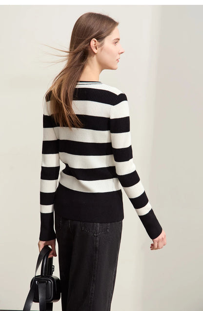Damen-Strickjacke Kaschmir-Wolle Slim Streifen Reißverschluss Herbst