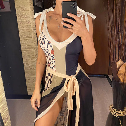 Damen Badeanzug Leopard Spleiß V-Ausschnitt mit Rock Monokini