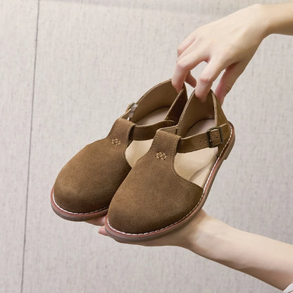 Flache Damen-Sandalen aus Leder mit Fersenriemen und brauner Sohle, Braun