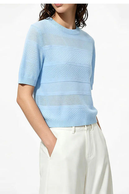 Damen-Rundhalspullover Kurzarm Crop Viskose locker Sommer