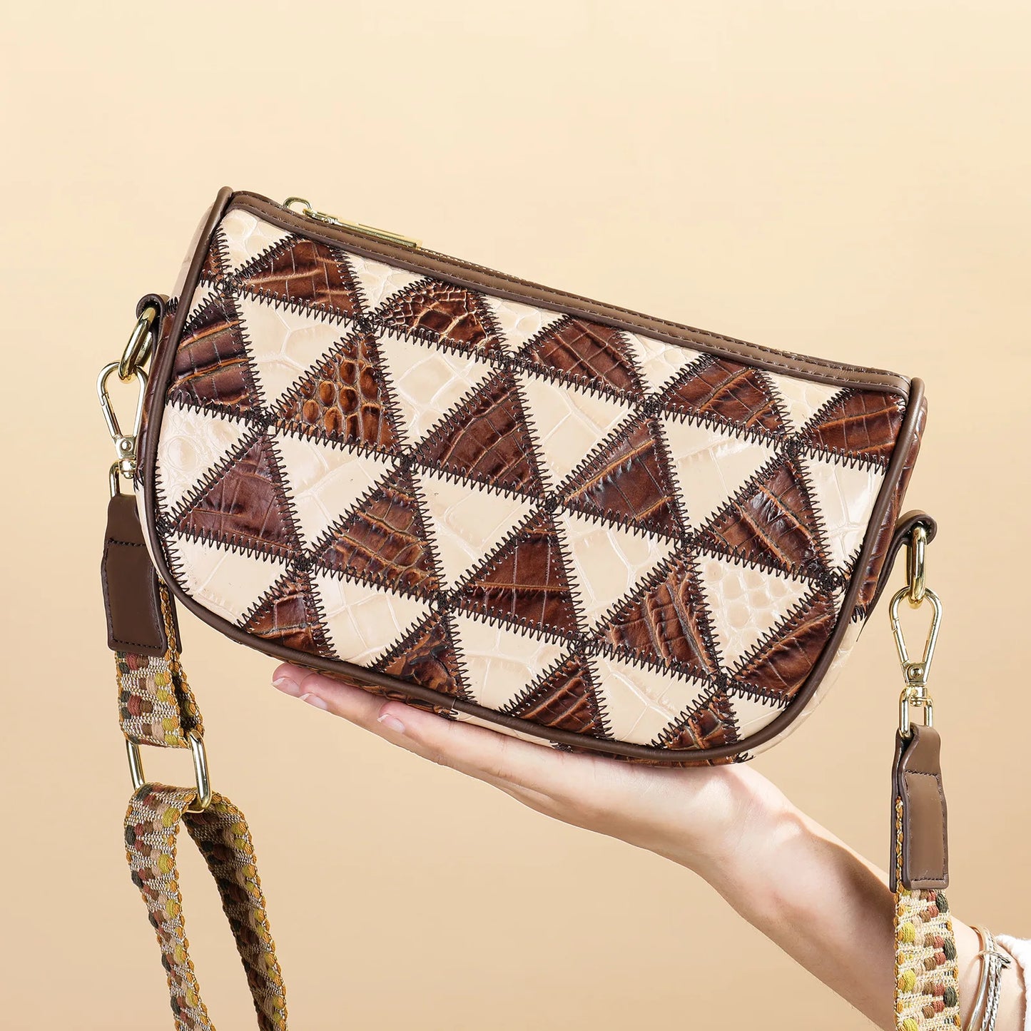 Damen-Schultertasche Patchwork-Leder Boho-Stil