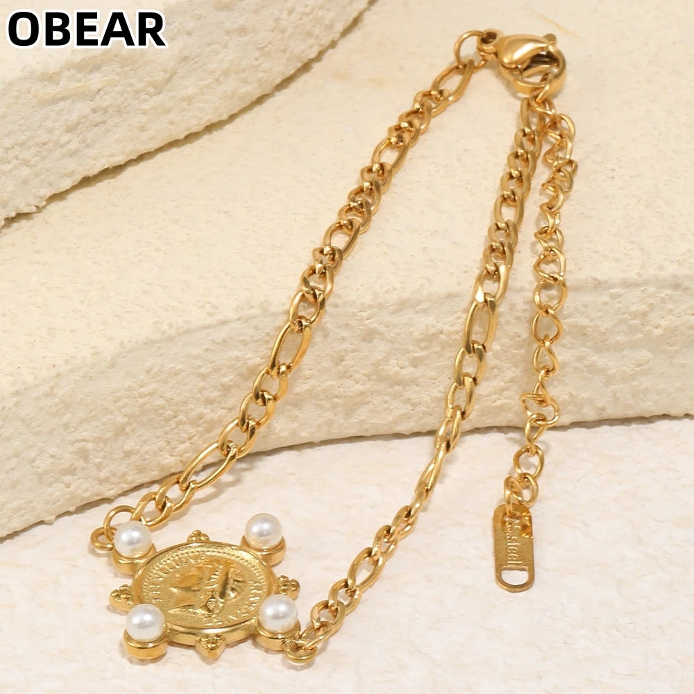 Damen-Armband mit Figaro-Kette und Porträtmünze