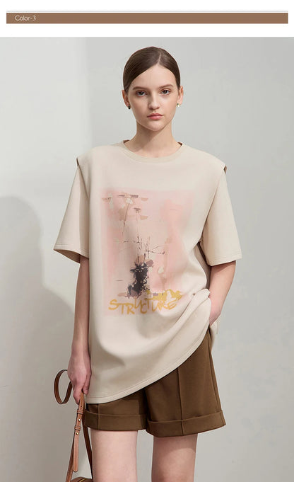 Damen T-Shirt im minimalistischen Stil mit lässigem O-Ausschnitt und Kunstdruck