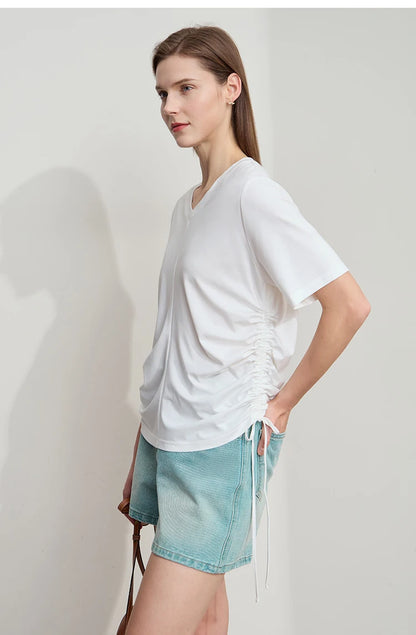 Damen T-Shirt mit solidem V-Ausschnitt und Kordelzug für den Sommer