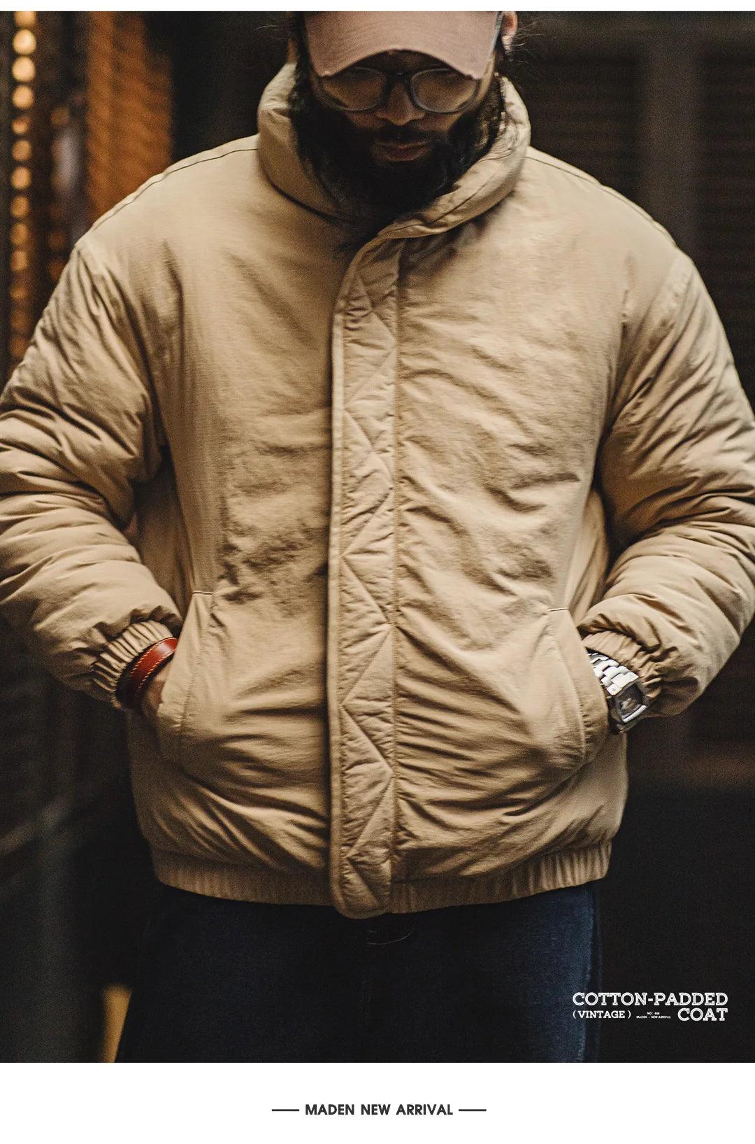 Herren Mantel Retro Khaki Stehkragen gefütterte Puffjacke mit Reißverschluss