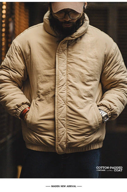 Herren Mantel Retro Khaki Stehkragen gefütterte Puffjacke mit Reißverschluss