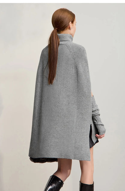 Damen-Rollkragenpullover Cape lang Raglan Streetwear Winter