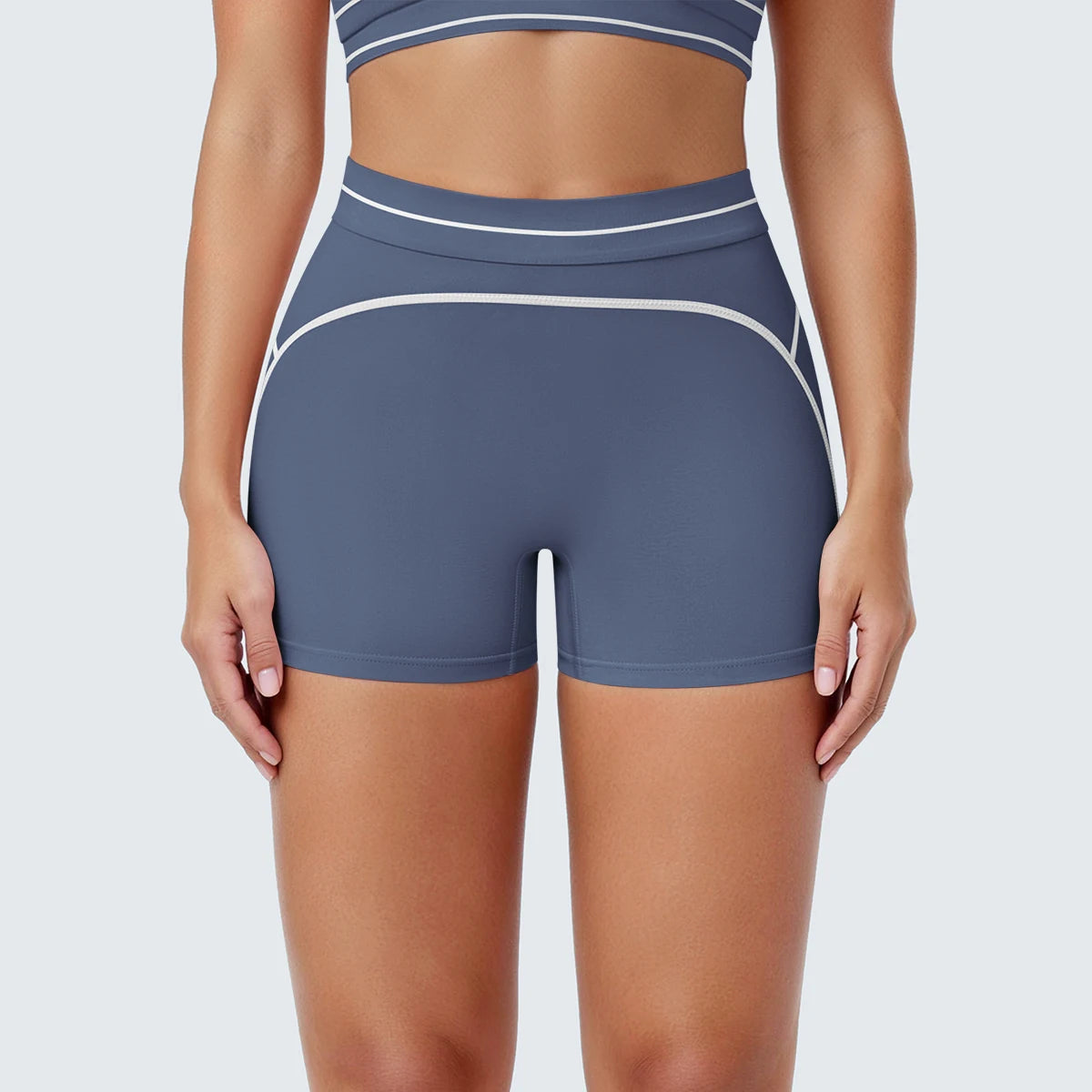 Damen-Yoga-Shorts, dunkelblaue Farbe mit weißen Streifen und breitem Bund