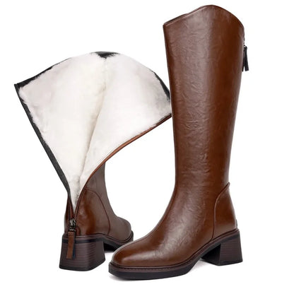 Women Winter Boots Genuine Leather Natural Wool Warm Female Knight Boots Square Toe Back Zipper Western Cowboy Boots Women