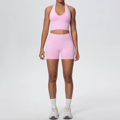 Damen Yoga-Set aus Bustier und High-Waist-Shorts, rosafarben, ärmellos