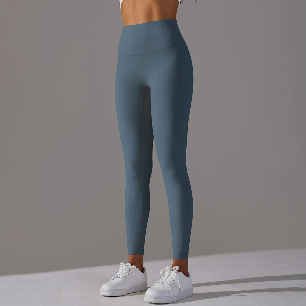 Nahtlose Yogahose mit hohem Bund, mittelblau, enganliegend bis zum Knöchel