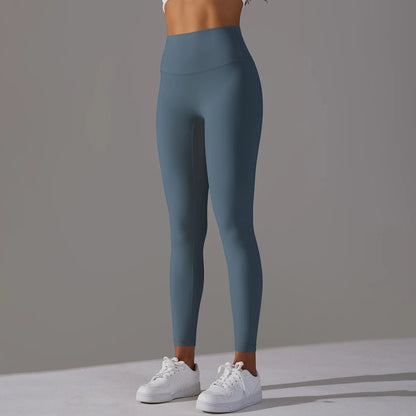 Nahtlose Yogahose mit hohem Bund, mittelblau, enganliegend bis zum Knöchel
