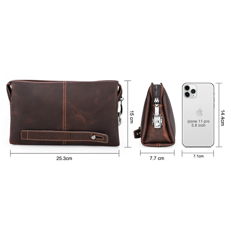 Braune Leder-Clutch mit Reißverschluss, Vorderfach mit Druckknopf