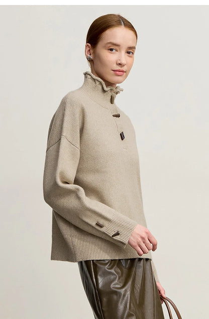 Damen-Rollkragenpullover locker Knopf Raglanärmel Winter