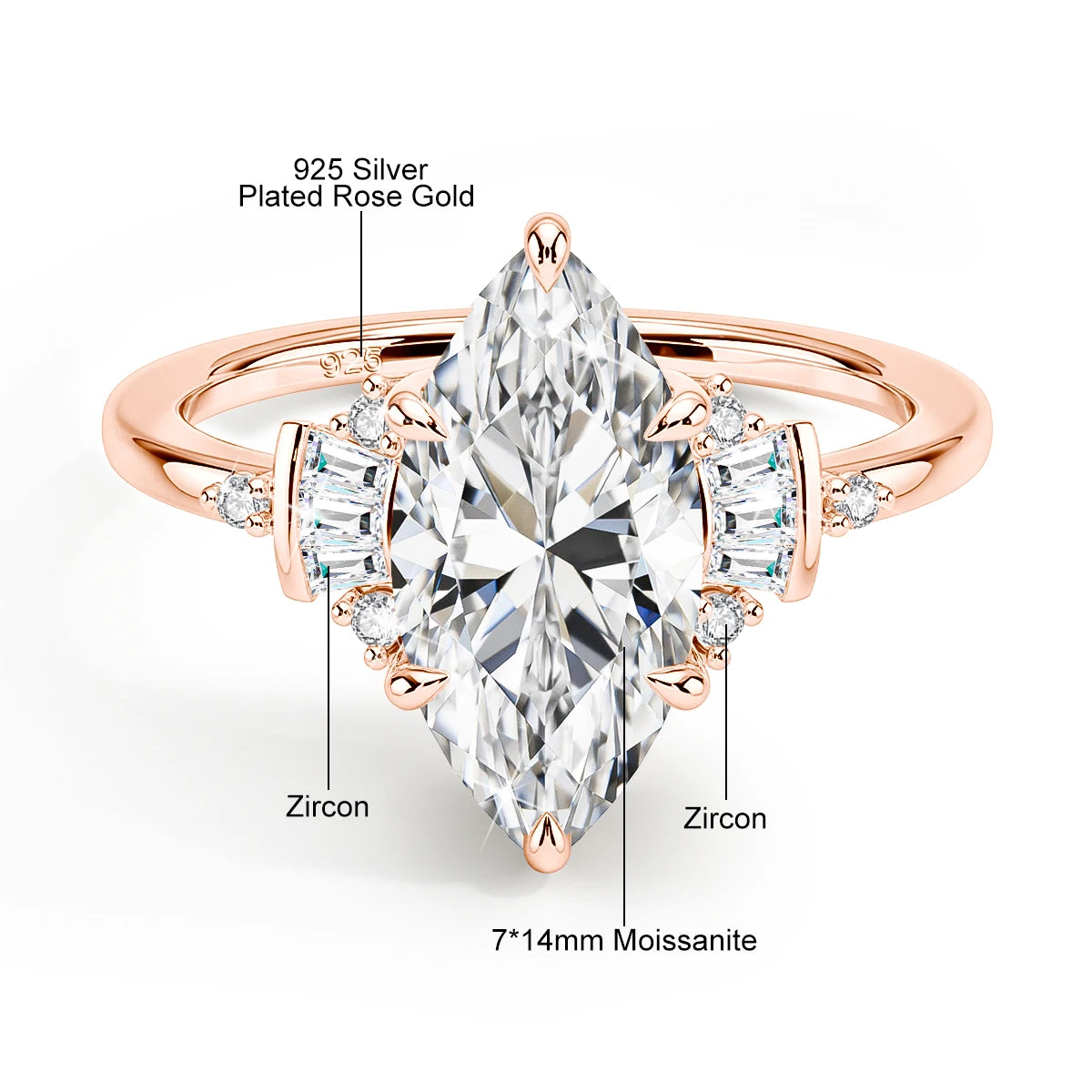Damen-Verlobungsring aus Moissanit mit GRA Zertifikat, Marquise-Schliff, 3 Karat, 7x14 mm