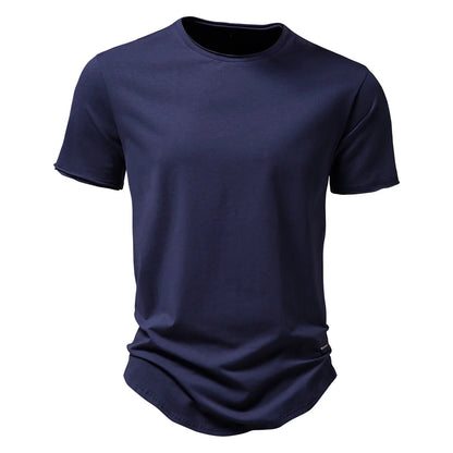Herren-T-Shirt aus reiner Baumwolle, dunkelblau, Vorderansicht mit Rundhalsausschnitt