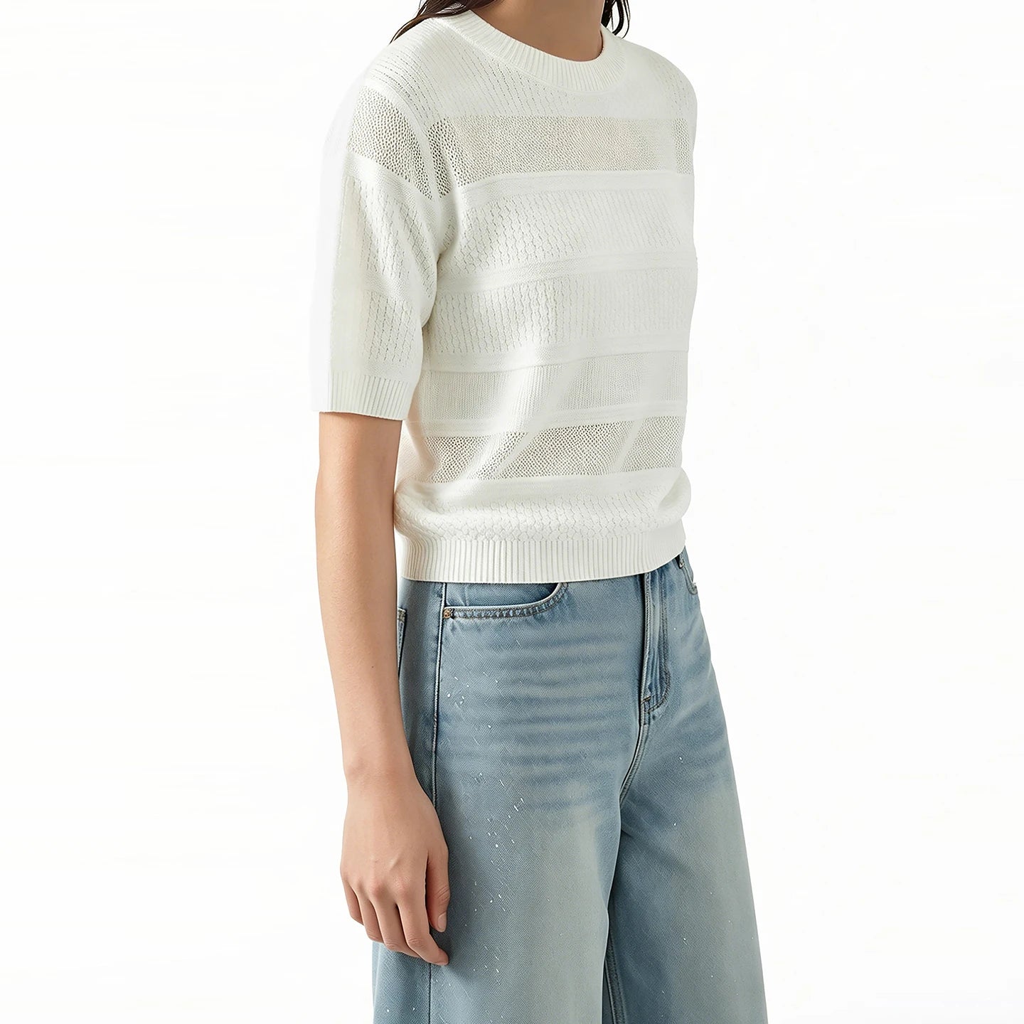 Damen-Rundhalspullover Kurzarm Crop Viskose locker Sommer