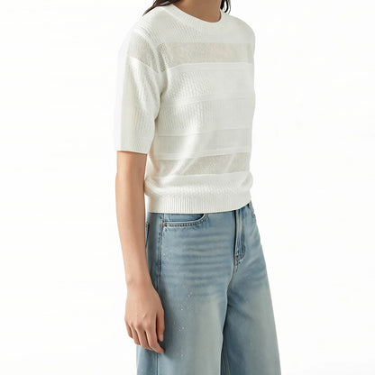 Damen-Rundhalspullover Kurzarm Crop Viskose locker Sommer