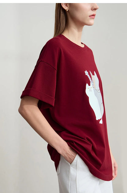 Damen Top im minimalistischen Stil mit O-Ausschnitt und bedrucktem Design